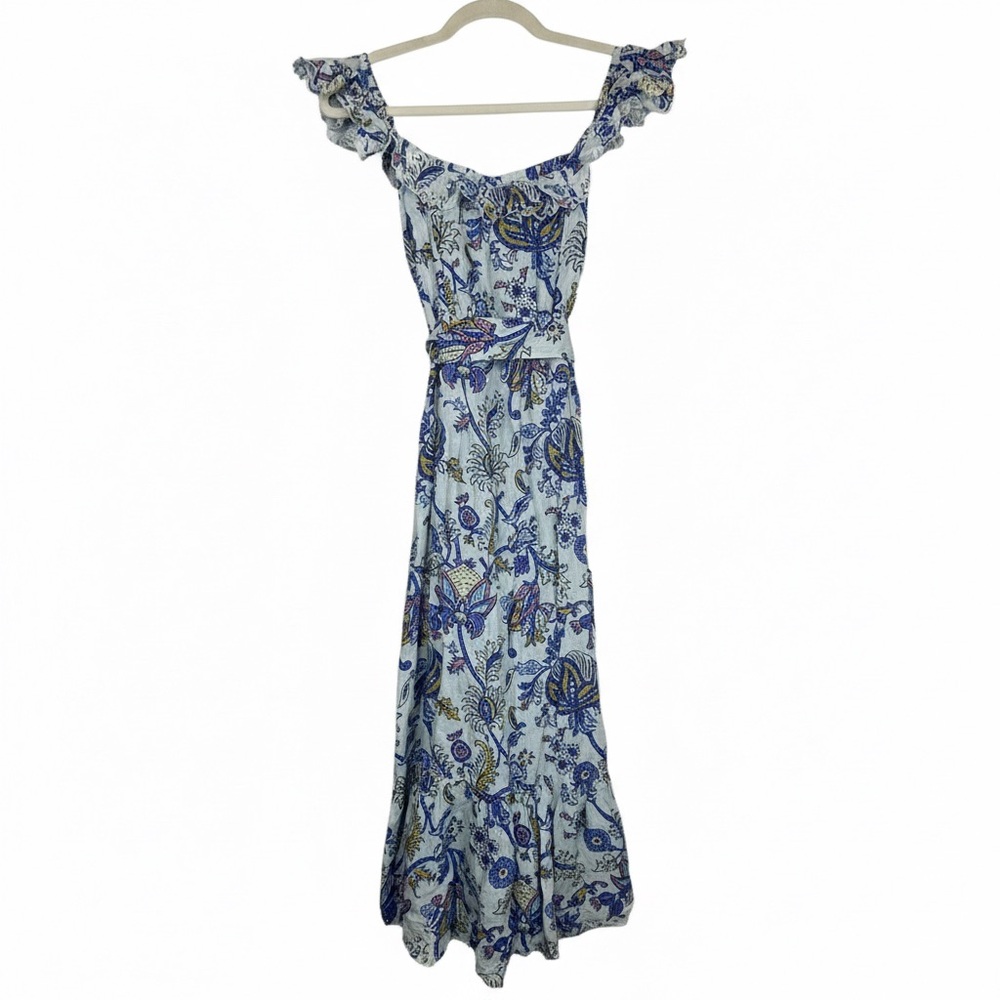 Roller Rabbit Textured Amanda Keira Blue Floral Linen Maxi Dress S